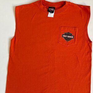 Men's Harley Davidson Spell Out Orange Sleeveless T Shirt Sz Lg Outer Banks NC